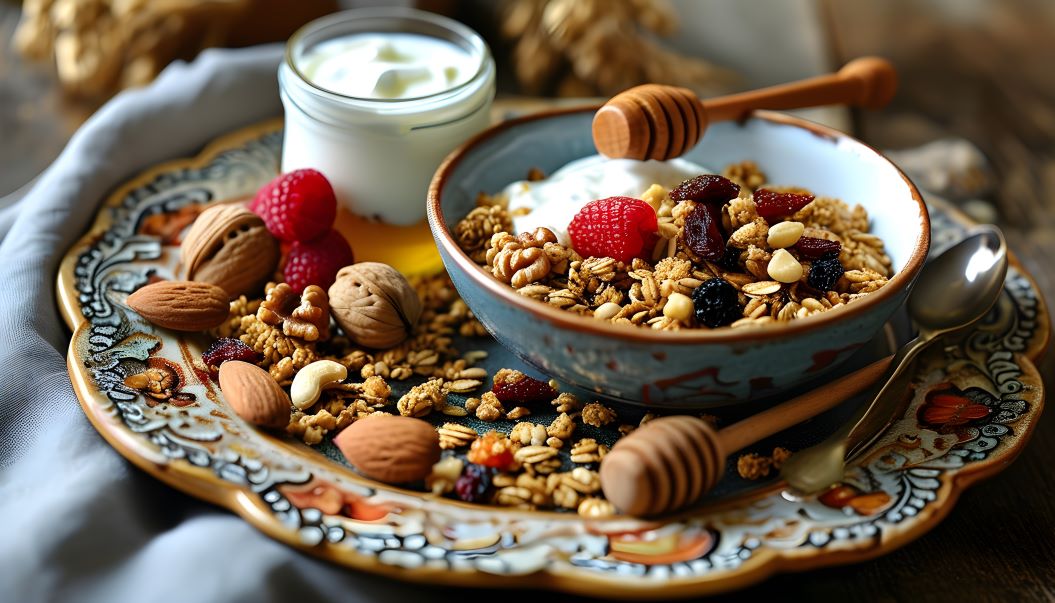 granola-v-miske-s-jogurtom-orechami-medom-a-ovocim